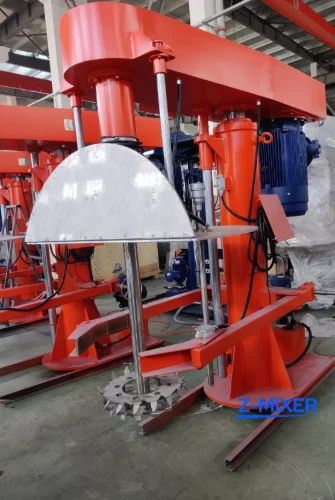 Industrial high-speed disperser with hydraulic lift system and explosion-proof controls for safe rotogravure ink production.