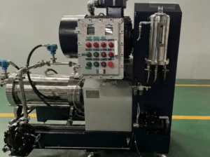 Closed system horizontal bead mill for grinding acrylic gouache paint without skinning or drying