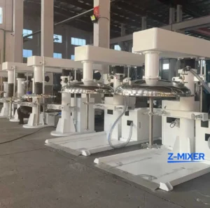 High-speed disperser with hydraulic lift system for pre-mixing acrylic gouache pigments and emulsio