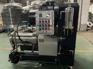 Z-MIXER explosion-proof horizontal bead mill for fine grinding of epoxy resin, showing the detailed control panel, pressure gauges, and mechanical seal cooling system.
