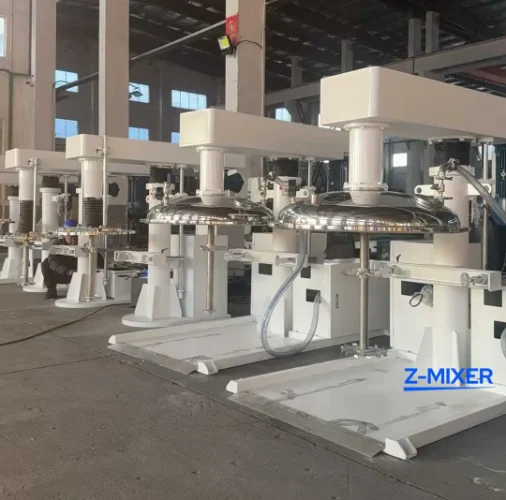 Industrial high-speed disperser with hydraulic lift system and explosion-proof controls for safe rotogravure ink production.